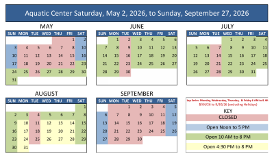 SRCA Aquatic Center Pool Calendar 2026