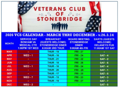 Veterans Club of Stonebridge Calendar 2026